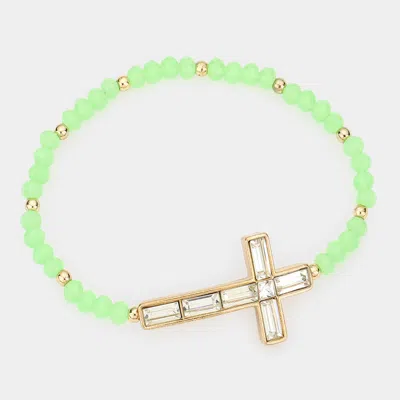 Fashnzfab Cross Accented Faceted Beaded Stretch Bracelet Mint In Green