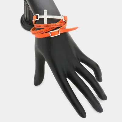 Fashnzfab Cross Accented Message Faux Leather Band Wrap Bracelet Orange