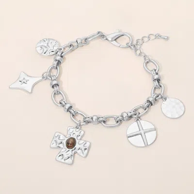 Fashnzfab Cross And Symbol Charm Station Bracelet In Metallic