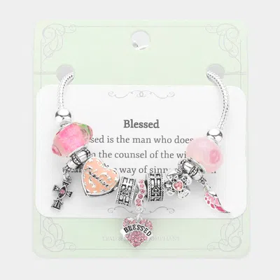 Fashnzfab Cross Blessed Message Heart Wing Charm Multi Bead Bracelet - Pink