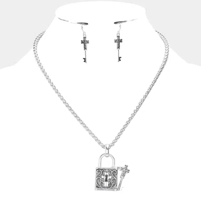 Fashnzfab Cross Centered Metal Lock Key Pendant Necklace In Multi