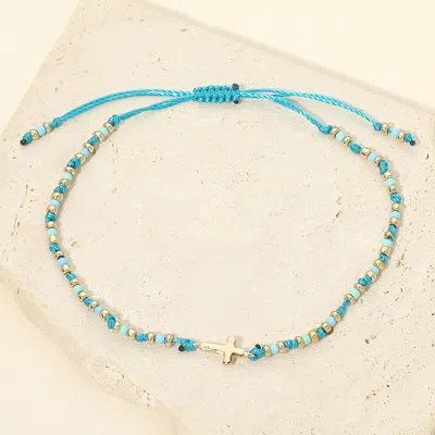 Fashnzfab Cross Charm Accent Faceted Beaded Adjustable Cinch Pull Tie Bracelet In Blue