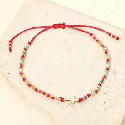 Fashnzfab Cross Charm Accent Faceted Beaded Adjustable Cinch Pull Tie Bracelet In Red
