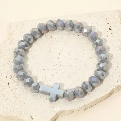 Fashnzfab Cross Charm Accent Faceted Beaded Stretch Bracelet In Gray