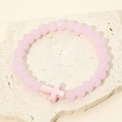 Fashnzfab Cross Charm Accent Faceted Beaded Stretch Bracelet In Pink