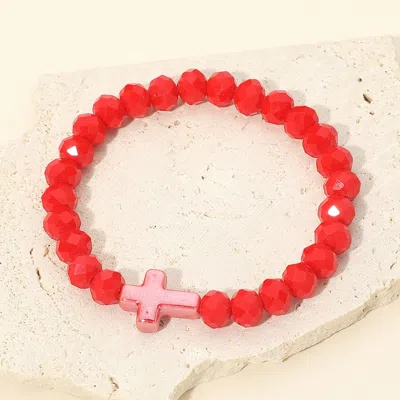 Fashnzfab Cross Charm Accent Faceted Beaded Stretch Bracelet In Red