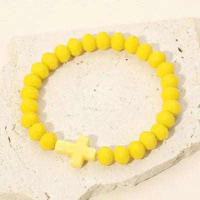 Fashnzfab Cross Charm Accent Faceted Beaded Stretch Bracelet In Yellow