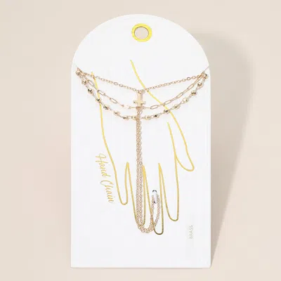 Fashnzfab Cross Charm Accent Layered Hand Chain Bracelet In Gold