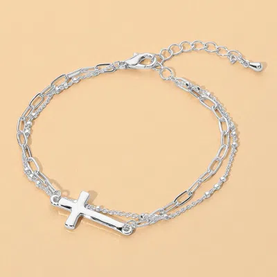 Fashnzfab Cross Charm Accent Paperclip Beaded Chain Layered Bracelet In Multi