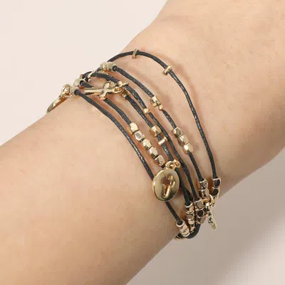 Fashnzfab Cross Charm Beaded Multi Layered Cord Adjustable Cinch Pull Tie Bracelet In Gold