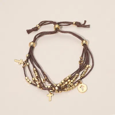 Fashnzfab Cross Charm Beaded Multi Layered Cord Adjustable Cinch Pull Tie Bracelet In Brown