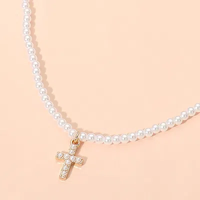 Fashnzfab Cross Charm Pendant Pearl Beaded Choker Necklace In White