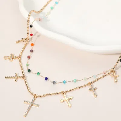 Fashnzfab Cross Charm Station Bead Layered Necklace - Gold, Multi In Silver