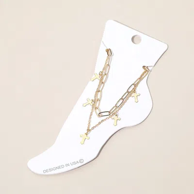 Fashnzfab Cross Charm Station Layered Chain Anklet In Gold