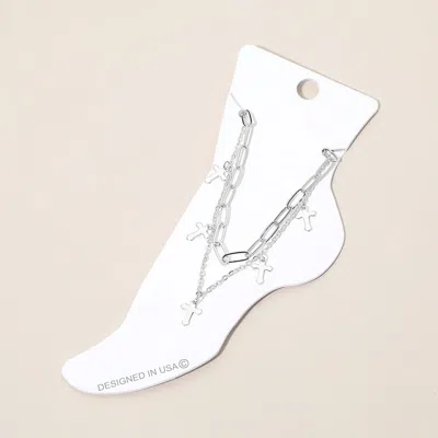 Fashnzfab Cross Charm Station Layered Chain Anklet In Silver