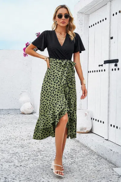 Fashnzfab Cross Color Block Lace V Neck Belt Print Dress In Green