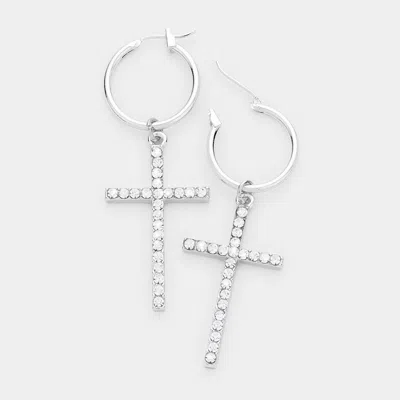 Fashnzfab Cross Crystal Rhinestone Pave Pin Catch Earrings - Clear, Rhodium In Silver