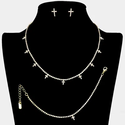 Fashnzfab Cross Cz Stone Station Rhinestone Paved Necklace Jewelry Set In Gold