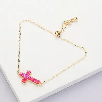 Fashnzfab Cross Druzy Adjustable Pull Tie Bracelet Ab, Red In Pink