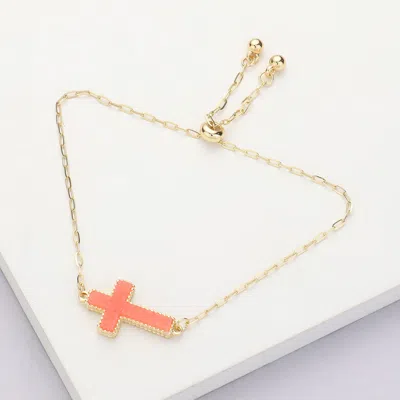 Fashnzfab Cross Druzy Adjustable Pull Tie Bracelet Coral, Neon In Pink
