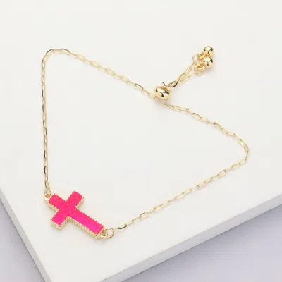 Fashnzfab Cross Druzy Adjustable Pull Tie Bracelet Fuchsia, Neon In Red