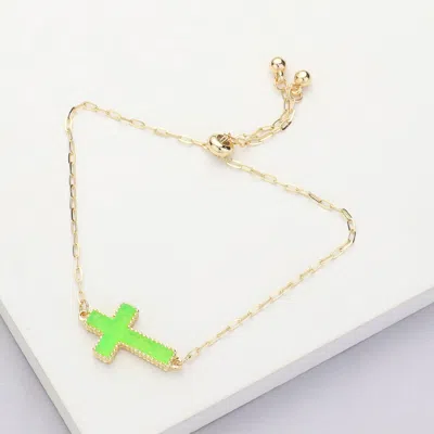Fashnzfab Cross Druzy Adjustable Pull Tie Bracelet Green, Neon In Multi