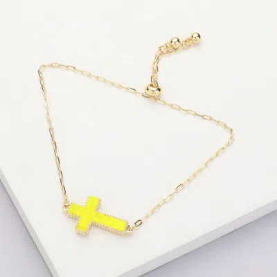 Fashnzfab Cross Druzy Adjustable Pull Tie Bracelet Neon, Yellow In Multi