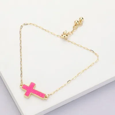 Fashnzfab Cross Druzy Adjustable Pull Tie Bracelet Pink