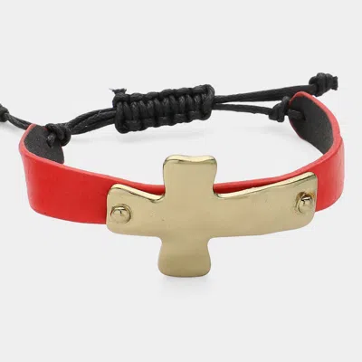 Fashnzfab Cross Faux Leather Adjustable Bracelet Ab, Red In Gold