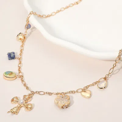 Fashnzfab Cross Flower Mixed Charm Station Necklace - Gold, Multi In Blue