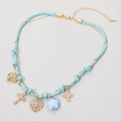 Fashnzfab Cross Heart Ceramic Heart Charm Station Braid Chain Wrap Necklace - Gold, Turquoise In Multi