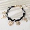 Fashnzfab Cross Heart Evil Eye Charm Embellished Scarf Fabric Chain Bracelet Black, Gold In Multi