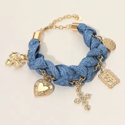 Fashnzfab Cross Heart Flower Charm Denim Fabric Braided Statement Bracelet Blue, Denim, Gold In Multi