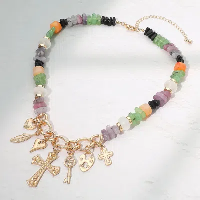 Fashnzfab Cross Heart Key Leaf Charm Beaded Statement Necklace - Worn Gold In Multi