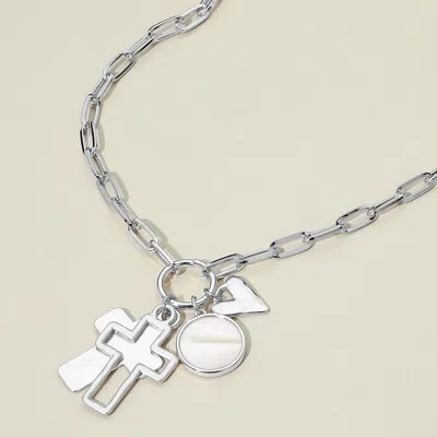 Fashnzfab Cross Heart Mother Of Pearl Disc Charm Pendant Paperclip Chain Necklace - Mother Of Pearl, Rhodium In Multi