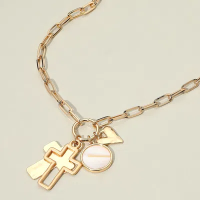 Fashnzfab Cross Heart Mother Of Pearl Disc Charm Pendant Paperclip Chain Necklace In Multi