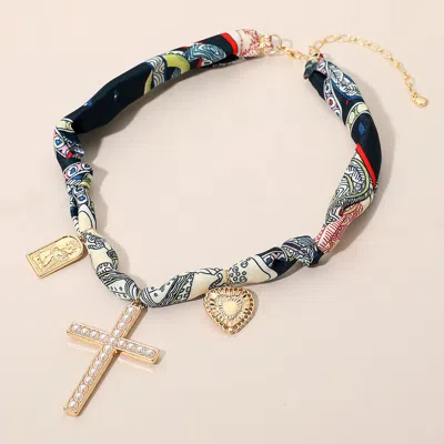 Fashnzfab Cross Heart Religious Charm Fabric Scarf Necklace In Multi