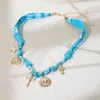 Fashnzfab Cross Heart Sunburst Charm Bandana Fabric Necklace In Blue