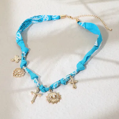 Fashnzfab Cross Heart Sunburst Charm Bandana Fabric Necklace In Blue