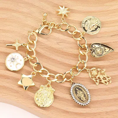 Fashnzfab Cross Lady Guadalupe Star Heart Hamsa Hand Charm Chain Bracelet Gold