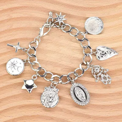 Fashnzfab Cross Lady Guadalupe Star Heart Hamsa Hand Charm Chain Bracelet Rhodium In Metallic