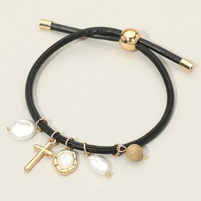 Fashnzfab Cross Pearl Charm Cord Adjustable Cinch Pull Tie Bracelet In Black