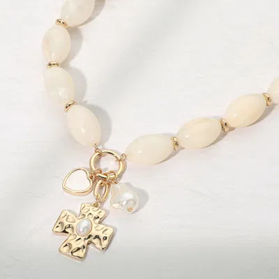 Fashnzfab Cross Pearl Heart Charm Pendant Chunky Oval Beaded Statement Necklace In Multi