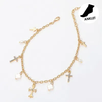 Fashnzfab Cross Pearl Quatrefoil Charm Station Anklet In Multi