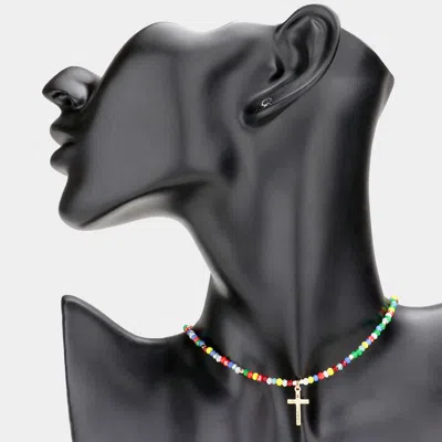 Fashnzfab Cross Pendant Faceted Beaded Choker Necklace In Black