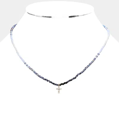 Fashnzfab Cross Pendant Faceted Beaded Necklace In Blue
