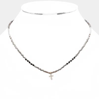Fashnzfab Cross Pendant Faceted Beaded Necklace In Gray