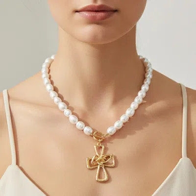 Fashnzfab Cross Pendant Pearl Beaded Necklace In White