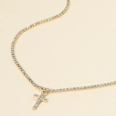 Fashnzfab Cross Pendant Tennis Chain Necklace - Clear, Gold In Silver