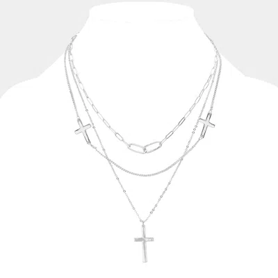 Fashnzfab Cross Pendant Triple Layered Necklace In Silver